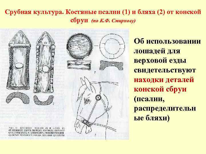 Срубная культура. Костяные псалии (1) и бляха (2) от конской сбруи (по К. Ф.