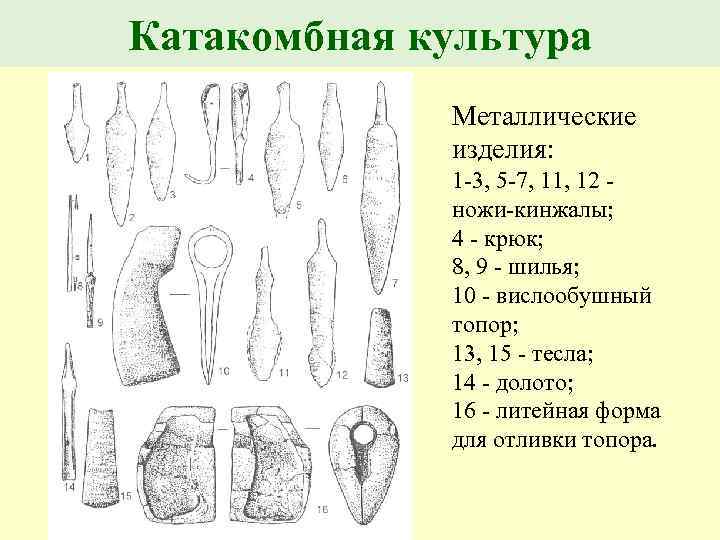 Катакомбная культура Металлические изделия: 1 -3, 5 -7, 11, 12 - ножи-кинжалы; 4 -