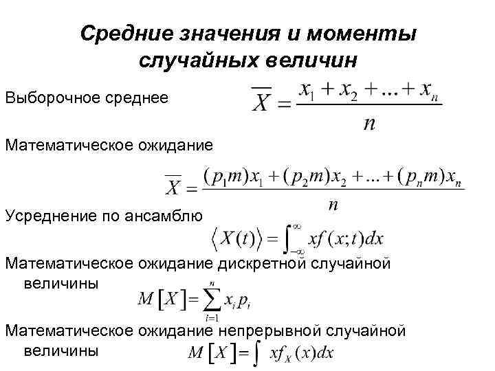 Средние значения и моменты случайных величин Выборочное среднее Математическое ожидание Усреднение по ансамблю Математическое