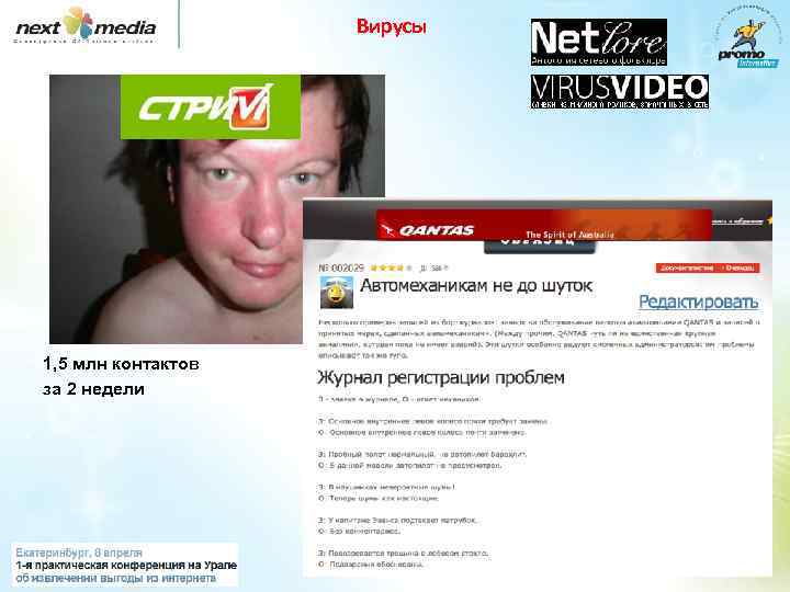 Вирусы 1, 5 млн контактов за 2 недели 2 400 ссылок в Яндексе на