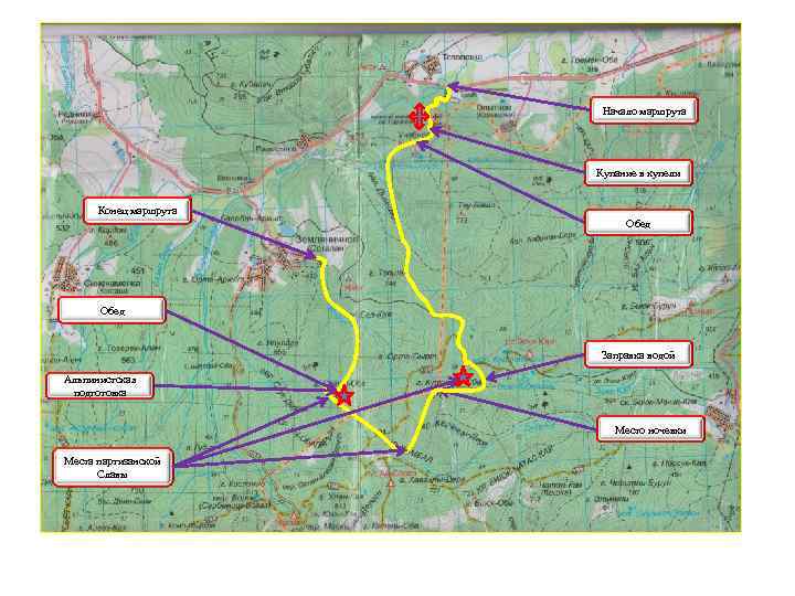 Начало маршрута Купание в купели Конец маршрута Обед Заправка водой Альпинистская подготовка Место ночевки