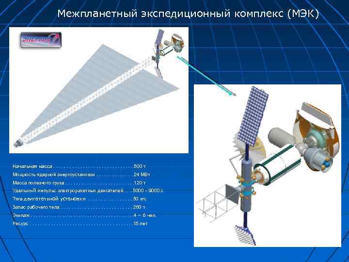 Межпланетный экспедиционный комплекс (МЭК) Начальная масса. . . . 500 т Мощность ядерной энергоустановки.