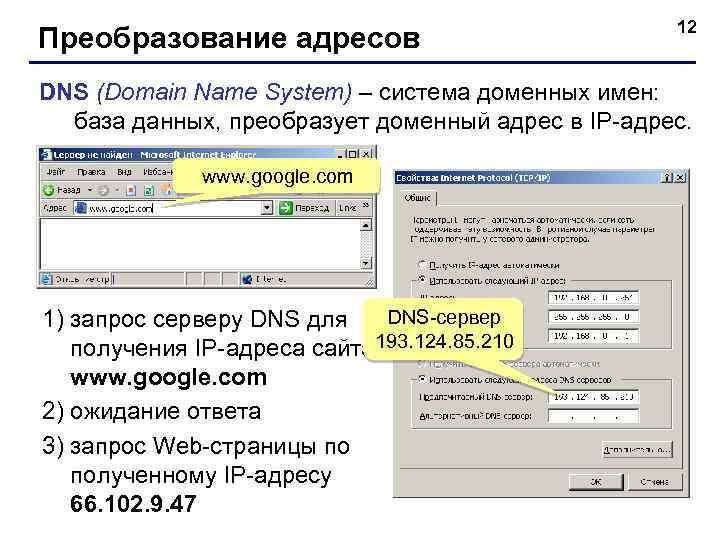 Преобразование адресов 12 DNS (Domain Name System) – система доменных имен: база данных, преобразует