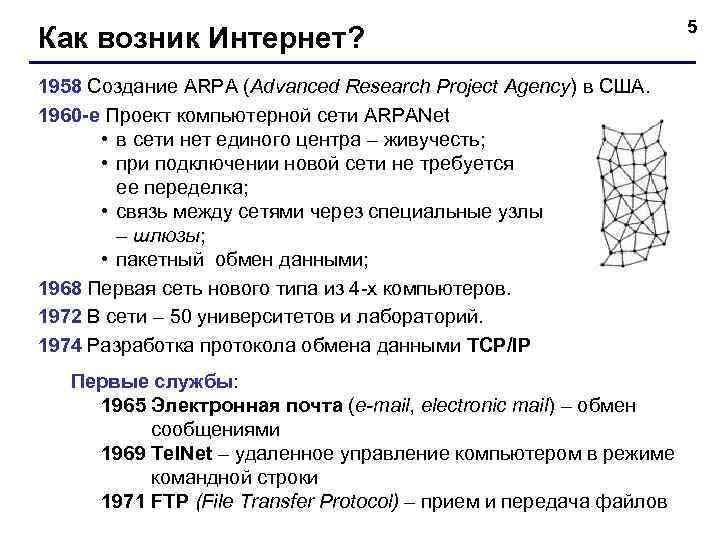 Как возник Интернет? 1958 Создание ARPA (Advanced Research Project Agency) в США. 1960 -е