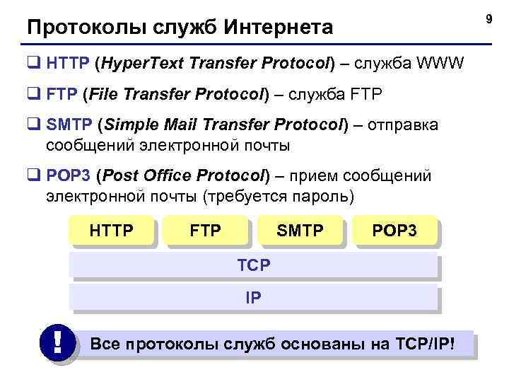 9 Протоколы служб Интернета q HTTP (Hyper. Text Transfer Protocol) – служба WWW q