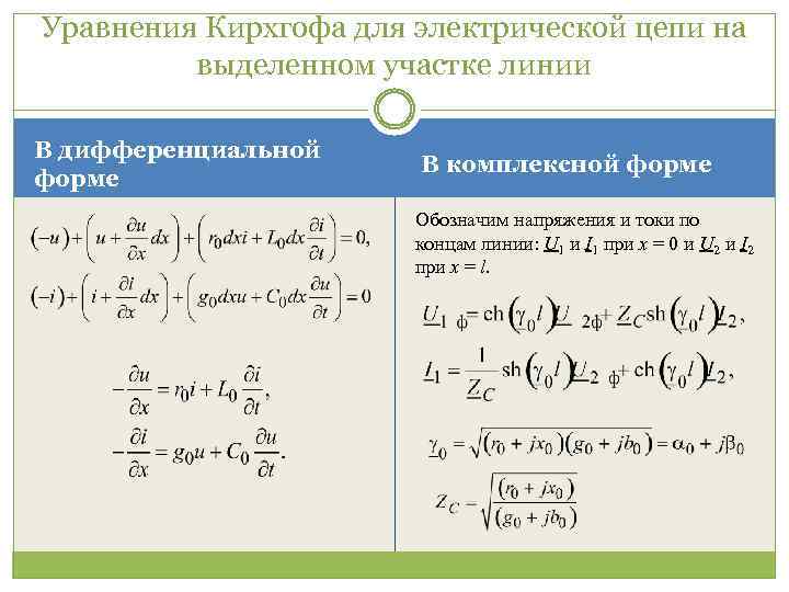 Уравнения Кирхгофа для электрической цепи на выделенном участке линии В дифференциальной форме В комплексной