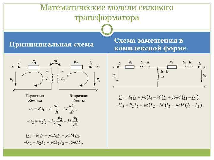 Математические модели силового трансформатора Принципиальная схема Схема замещения в комплексной форме 