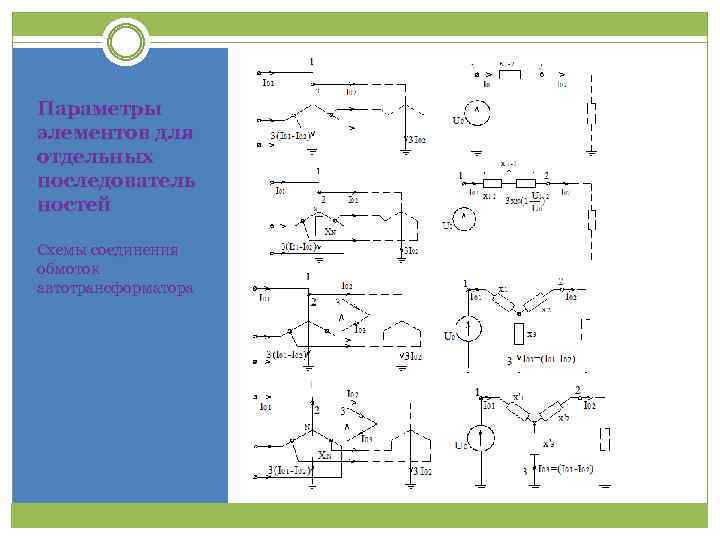 Параметры элементов для отдельных последователь ностей Схемы соединения обмоток автотрансформатора 