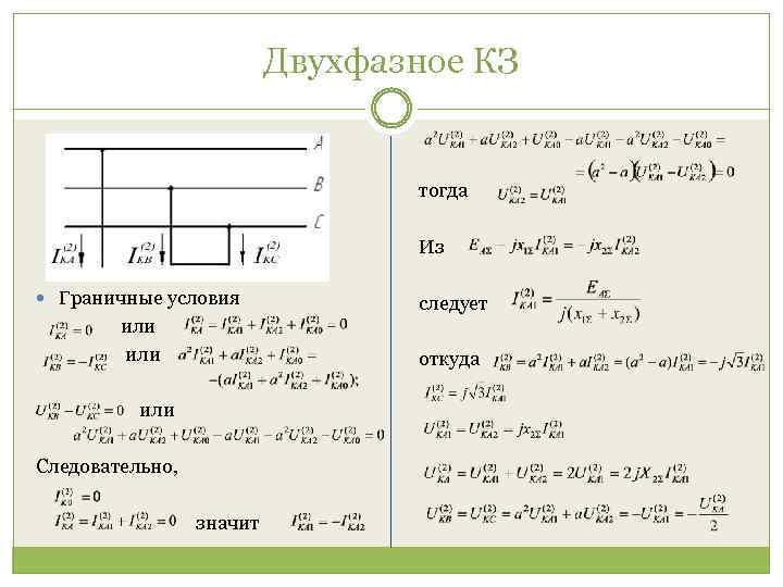 Двухфазное КЗ тогда Из Граничные условия или Следовательно, значит следует откуда 