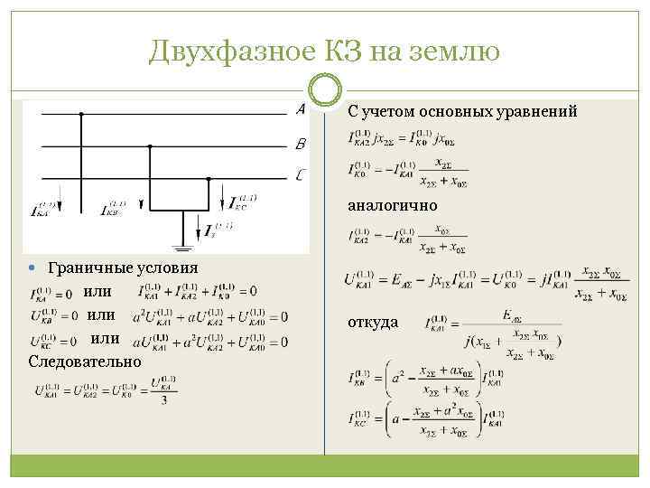 Двухфазное КЗ на землю С учетом основных уравнений аналогично Граничные условия или Следовательно откуда