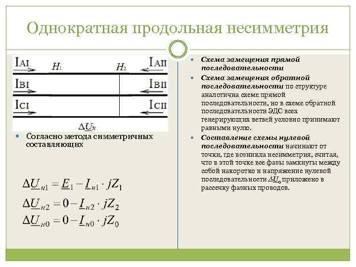 Однократная продольная несимметрия Согласно метода симметричных составляющих Схема замещения прямой последовательности Схема замещения обратной