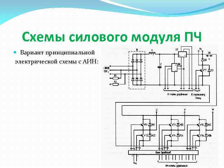 Схемы силового модуля ПЧ Вариант принципиальной электрической схемы с АИН: 