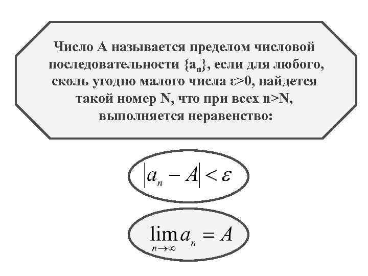Число А называется пределом числовой последовательности {an}, если для любого, сколь угодно малого числа