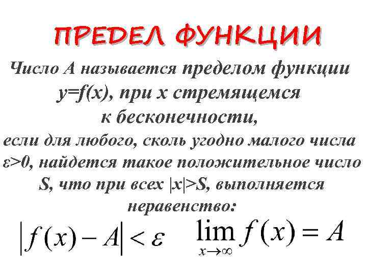 ПРЕДЕЛ ФУНКЦИИ Число А называется пределом функции у=f(x), при х стремящемся к бесконечности, если