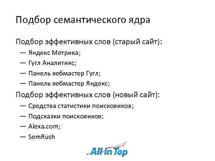 Подбор семантического ядра Подбор эффективных слов (старый сайт): ― Яндекс Метрика; ― Гугл Аналитикс;