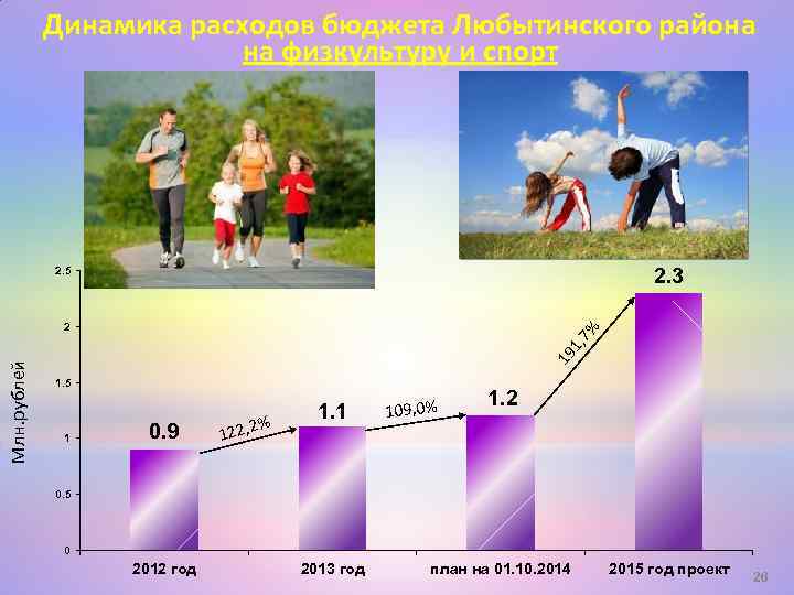 Динамика расходов бюджета Любытинского района на физкультуру и спорт 2. 3 2. 5 19