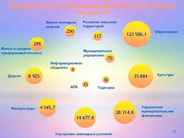 Муниципальные программы Любытинского района, тыс. рублей Развитие сельских территорий Жилье молодым семьям 250 123