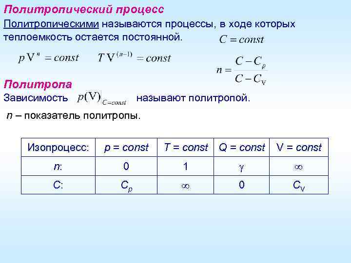 Политропический процесс Политропическими называются процессы, в ходе которых теплоемкость остается постоянной. Политропа Зависимость называют