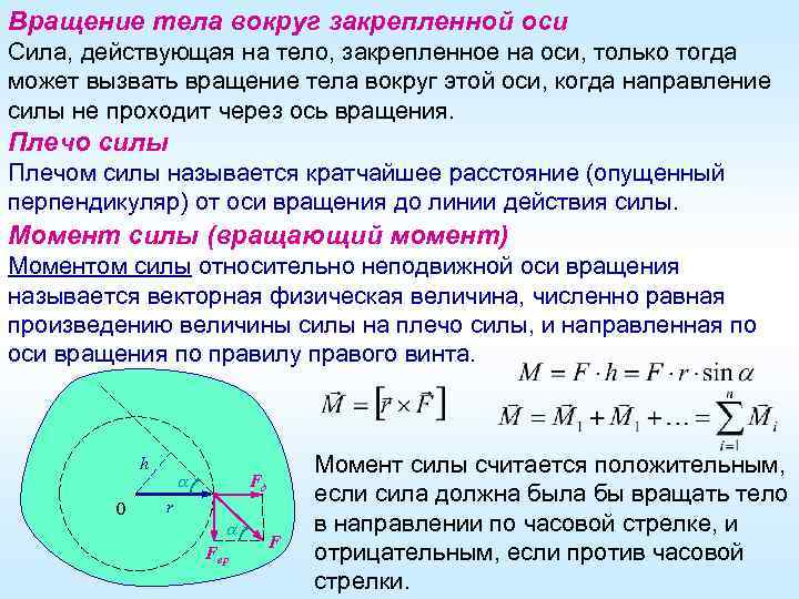 Вращение тела вокруг закрепленной оси Сила, действующая на тело, закрепленное на оси, только тогда