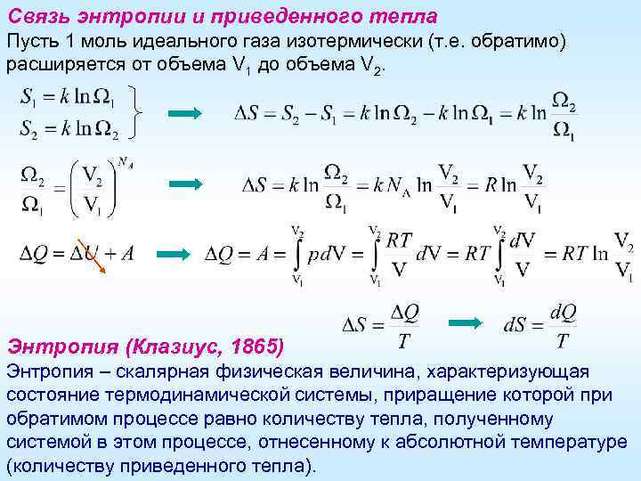 Связь энтропии и приведенного тепла Пусть 1 моль идеального газа изотермически (т. е. обратимо)