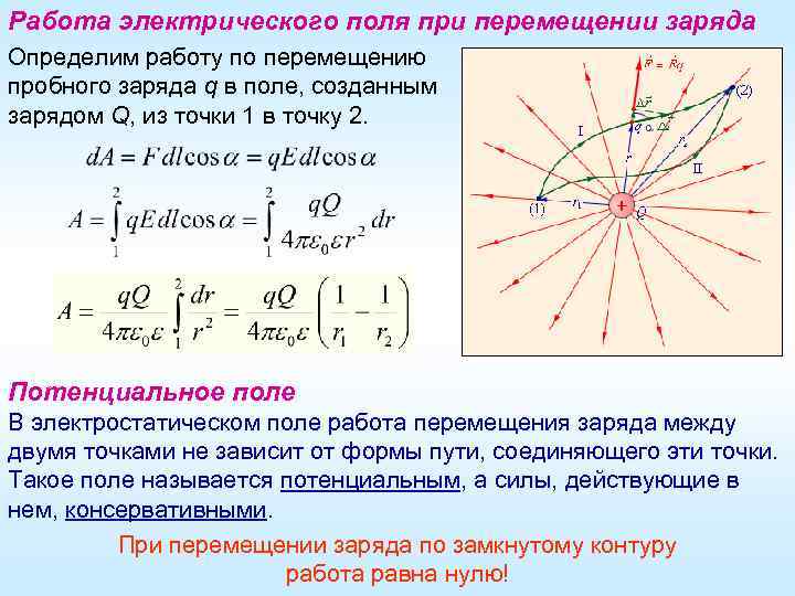 Работа электрического поля при перемещении заряда Определим работу по перемещению пробного заряда q в
