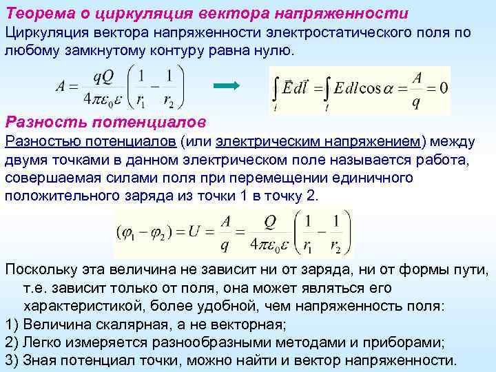 Теорема о циркуляция вектора напряженности Циркуляция вектора напряженности электростатического поля по любому замкнутому контуру