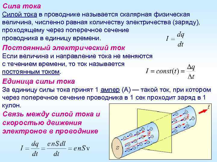 Сила тока Силой тока в проводнике называется скалярная физическая величина, численно равная количеству электричества