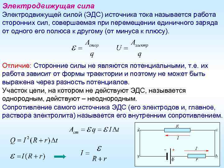 Электродвижущая сила Электродвижущей силой (ЭДС) источника тока называется работа сторонних сил, совершаемая при перемещении