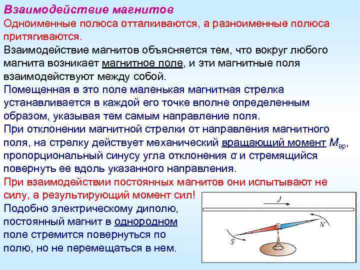 Взаимодействие магнитов Одноименные полюса отталкиваются, а разноименные полюса притягиваются. Взаимодействие магнитов объясняется тем, что