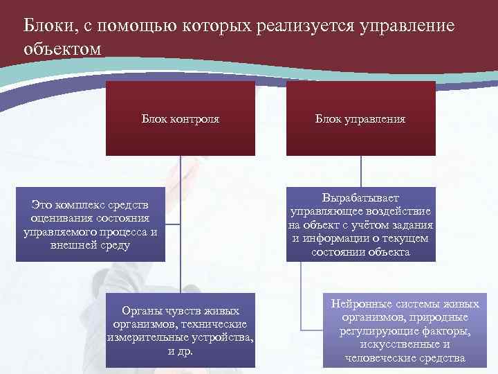 Блоки, с помощью которых реализуется управление объектом Блок контроля Это комплекс средств оценивания состояния