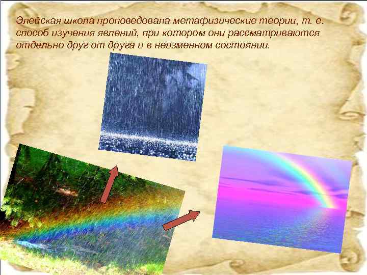 Элейская школа проповедовала метафизические теории, т. е. способ изучения явлений, при котором они рассматриваются