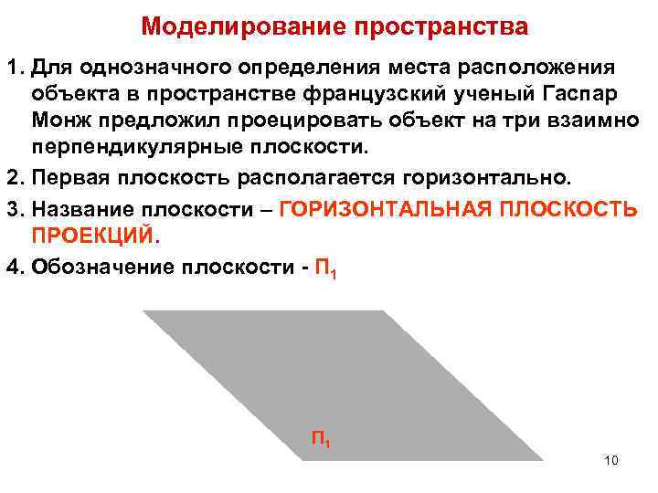 Моделирование пространства 1. Для однозначного определения места расположения объекта в пространстве французский ученый Гаспар