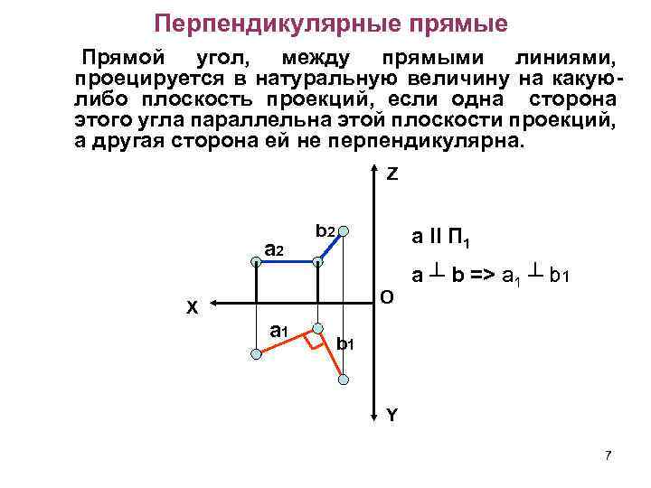 Перпендикулярные прямые Прямой угол, между прямыми линиями, проецируется в натуральную величину на какуюлибо плоскость