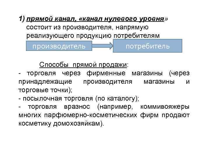 1) прямой канал, «канал нулевого уровня» состоит из производителя, напрямую реализующего продукцию потребителям производитель