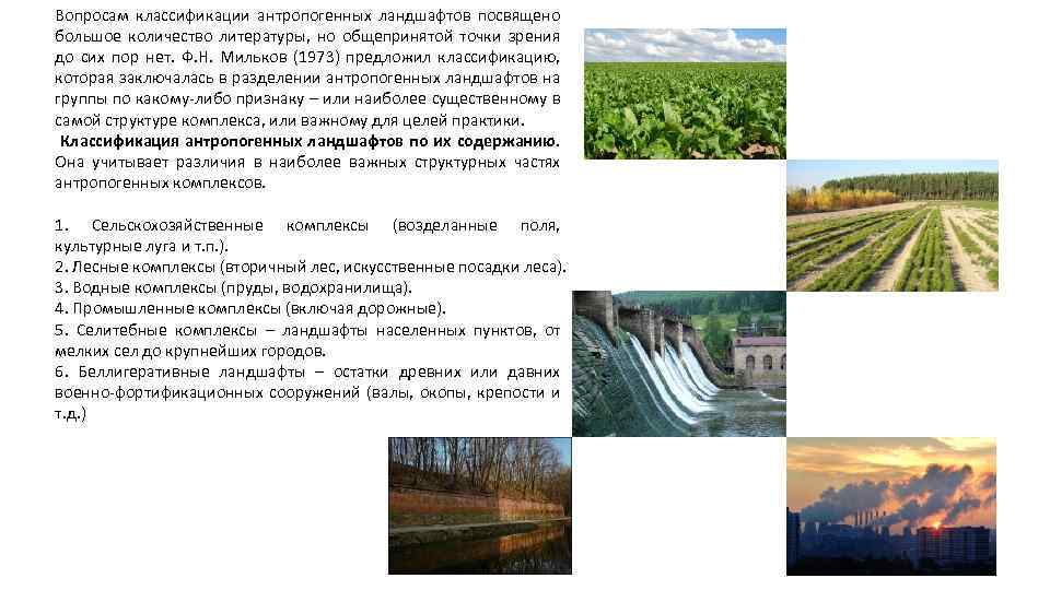 Вопросам классификации антропогенных ландшафтов посвящено большое количество литературы, но общепринятой точки зрения до сих