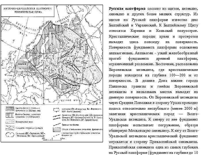 Русская платформа состоит из щитов, антеклиз, синеклиз и других более мелких структур. Из щитов