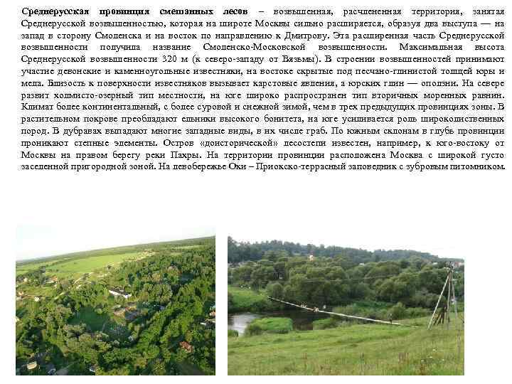 Среднерусская провинция смешанных лесов – возвышенная, расчлененная территория, занятая Среднерусской возвышенностью, которая на широте