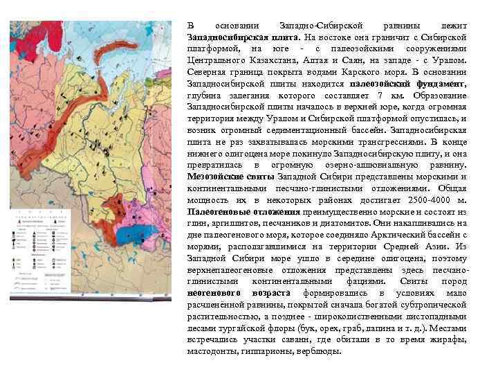  В основании Западно-Сибирской равнины лежит Западносибирская плита. На востоке она граничит с Сибирской