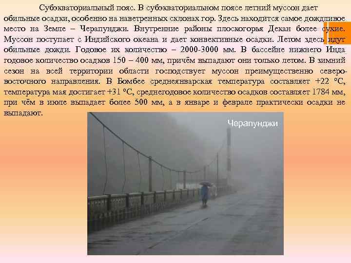 Субэкваториальный пояс. В субэкваториальном поясе летний муссон дает обильные осадки, особенно на наветренных склонах