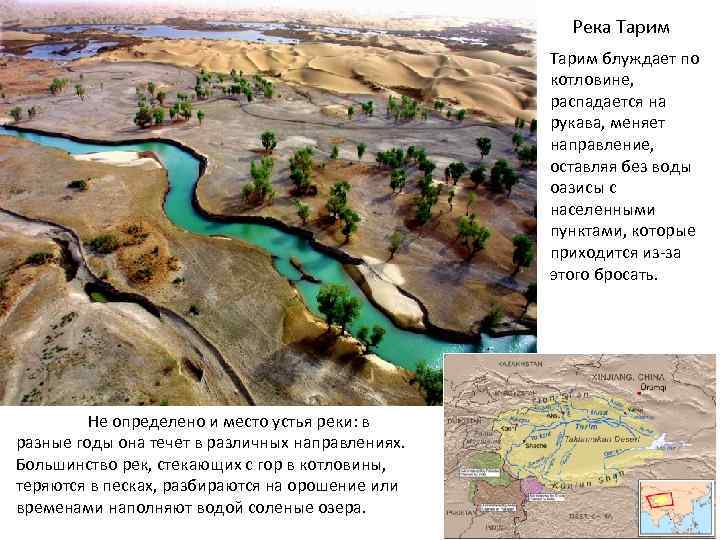 Река Тарим блуждает по котловине, распадается на рукава, меняет направление, оставляя без воды оазисы