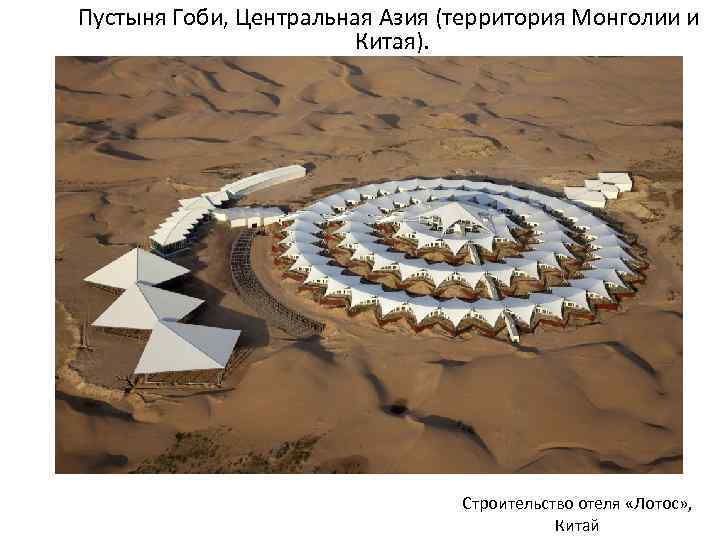 Пустыня Гоби, Центральная Азия (территория Монголии и Китая). Строительство отеля «Лотос» , Китай 