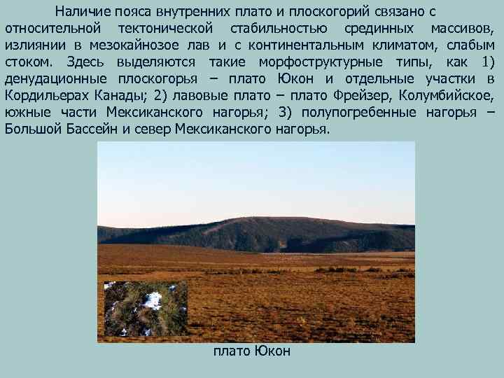 Наличие пояса внутренних плато и плоскогорий связано с относительной тектонической стабильностью срединных массивов, излиянии