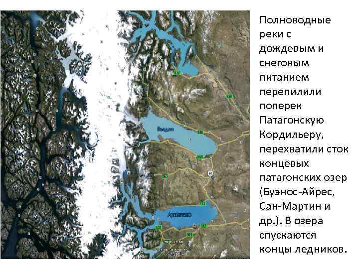 Полноводные реки с дождевым и снеговым питанием перепилили поперек Патагонскую Кордильеру, перехватили сток концевых