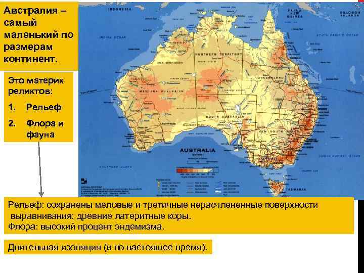 Австралия – самый маленький по размерам континент. Это материк реликтов: 1. Рельеф 2. Флора