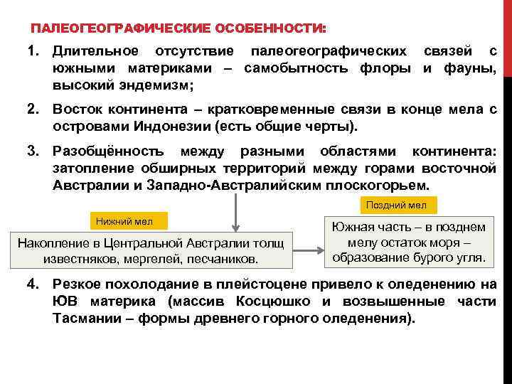 ПАЛЕОГЕОГРАФИЧЕСКИЕ ОСОБЕННОСТИ: 1. Длительное отсутствие палеогеографических связей с южными материками – самобытность флоры и