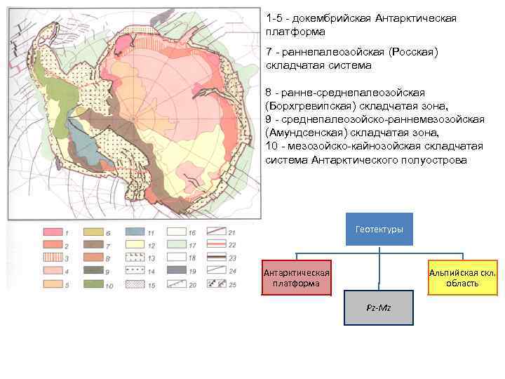1 -5 - докембрийская Антарктическая платформа 7 - раннепалеозойская (Росская) складчатая система 8 -