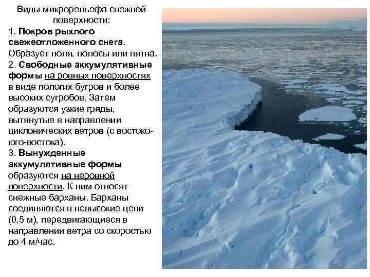Виды микрорельефа снежной поверхности: 1. Покров рыхлого свежеотложенного снега. Образует поля, полосы или пятна.