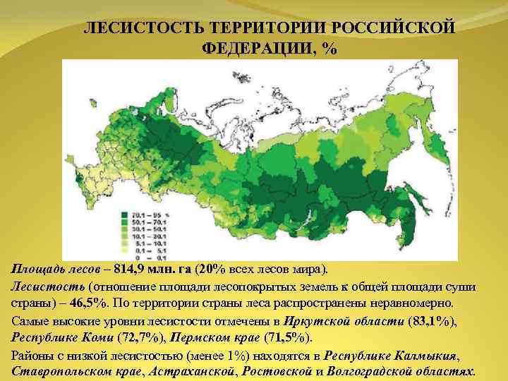 ЛЕСИСТОСТЬ ТЕРРИТОРИИ РОССИЙСКОЙ ФЕДЕРАЦИИ, % Площадь лесов – 814, 9 млн. га (20% всех