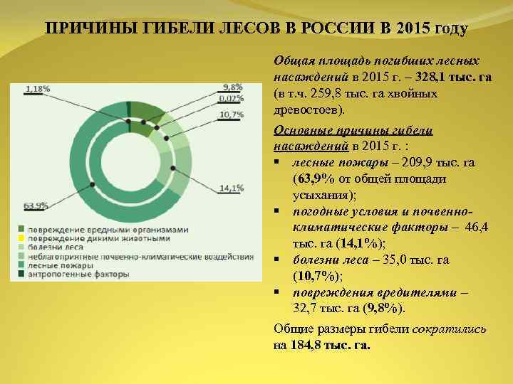 ПРИЧИНЫ ГИБЕЛИ ЛЕСОВ В РОССИИ В 2015 году Общая площадь погибших лесных насаждений в