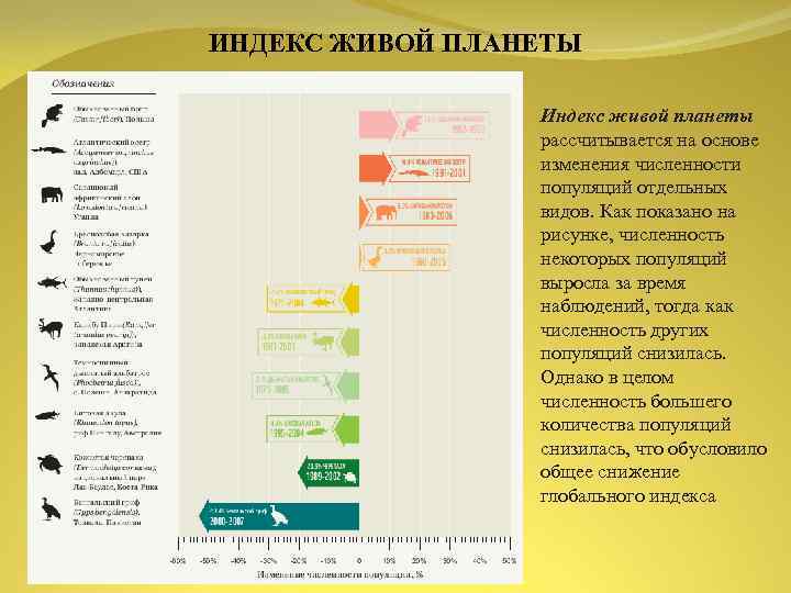 ИНДЕКС ЖИВОЙ ПЛАНЕТЫ Индекс живой планеты рассчитывается на основе изменения численности популяций отдельных видов.